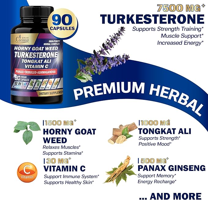 Organic Cadane Turkesterone 7500mg VitaminC 30mg 1500mg Supplement 90 Vegan