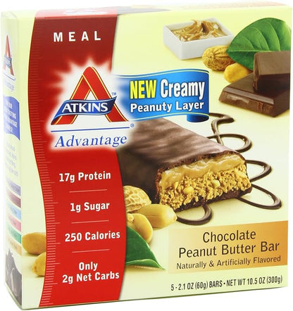 Atkins Advantage Bars, Chocolate Peanut Butter, 2.1-Ounce Bars 5 count, (Pack of 2)