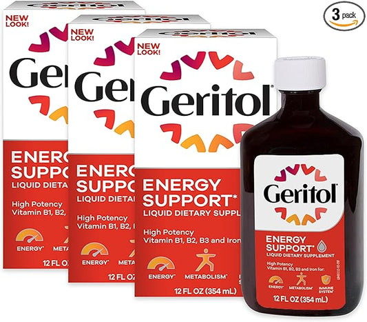 Geritol Liquid Vitamin and Iron Supplement, Energy Support, Contains High Potency B-Vitamins and Iron, Pleasant Tasting, Easy to Swallow, No Artificial Sweeteners, Non-GMO, 12 Oz, 3 Pack