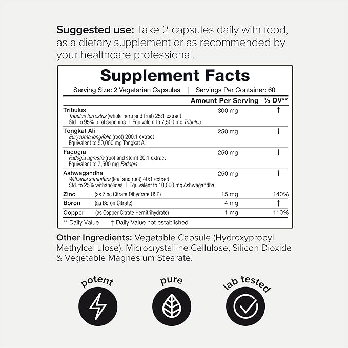 Elite T Formula: 75,000mg Power Capsules (95% Saponins), 200:1 Tongkat 30:1 Fadogia, 25% Withanolides 120 Caps, 60 Servings