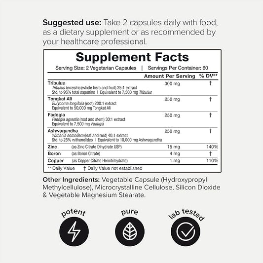 Elite T Formula: 75,000mg Power Capsules (95% Saponins), 200:1 Tongkat 30:1 Fadogia, 25% Withanolides 120 Caps, 60 Servings