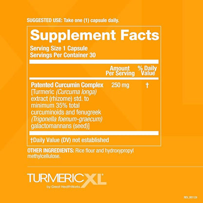 TurmericXL Natural Joint Support & Healthy Inflammatory Response Supplement - 250mg Turmeric Extract Delivers 45x More Curcumin - High Absorption, Gluten-Free – 30 Veggie Capsules