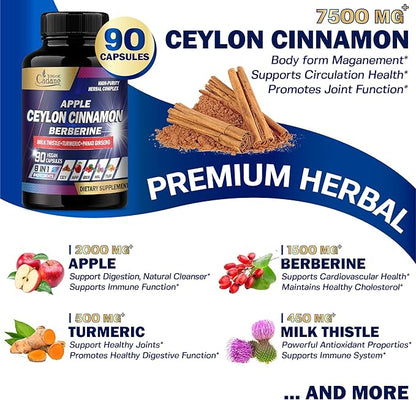 Organic Cadane Ceylon Cinnamon 7500mg Berberine 1500mg Apple 2000mg - 90 Vegan 8 Herbs 3 Month