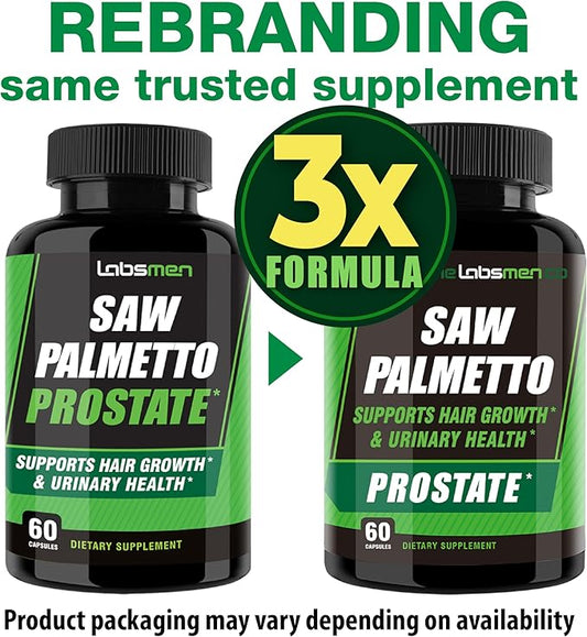 3X Formula Natural Prostate Health Supplements for Men - 1235mg Saw Palmetto Reduce Nighttime Bathroom Trips + Hair Growth/Hair Loss Prevention, 2-Mons