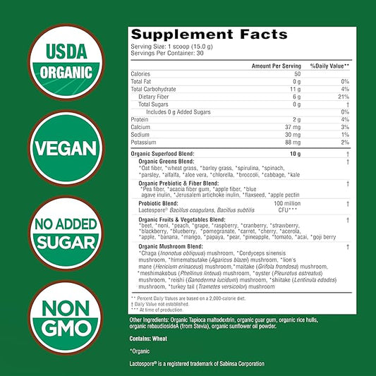 COUNTRY FARMS Super Greens Natural Flavor, 50 Organic Super Foods, USDA Organic Drink Mix (Wheat Grass, Spirulina, Chlorella) Mushrooms & Probiotics, Fiber, Gut Health, Natural Energy, 30 Servings
