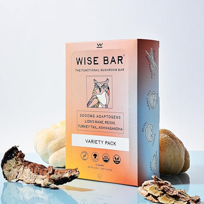 Wise Bar Adaptogen Mushroom Nutrition Bars with Reishi, Lions Mane & Ashwagandha, Organic Vegan & Gluten Free Snacks for Natural Focus, Energy & Immunity Support, Variety Flavor Pack, 12 Count