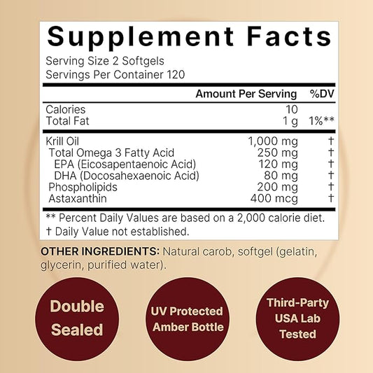 NatureBell Antarctic Krill Oil 1000mg Supplement, 240 Softgels, Natural Source of Omega-3s, EPA, DHA and Astaxanthin - No Aftertaste - Support Heart Health, Mercury Free & Non-GMO