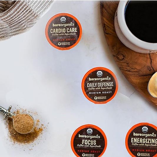 BareOrganics 13313 Cardio Care USDA Organic Coffee Pods, Compatible Organic Coffee Pods, Infused with Superfoods & Probiotics, Vegan Friendly, Gluten Free, 10 Single Serve Cups