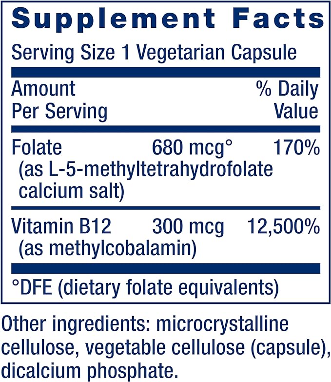 Life Extension BioActive Folate & Vitamin B12, Promotes Heart, Brain & GI Tract Health, Non-GMO, Gluten-Free, Vegetarian, 90 Capsules