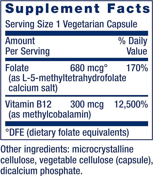 Life Extension BioActive Folate & Vitamin B12, Promotes Heart, Brain & GI Tract Health, Non-GMO, Gluten-Free, Vegetarian, 90 Capsules