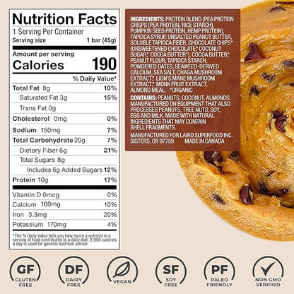Laird Superfood Functional Protein Bars – Protein Bar but Better with Real Ingredients, Functional Mushrooms 10g Plant-Based Protein, 6g Fiber - Non-GMO - Peanut Butter Chocolate Chip, 10 Count (Pack of 1)