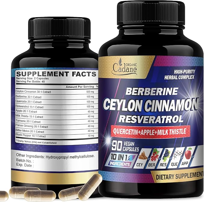 Organic Cadane Ceylon Cinnamon 15000mg Berberine 3000mg Quercetin 2000mg Supplement 10in1 with 90 Veggie