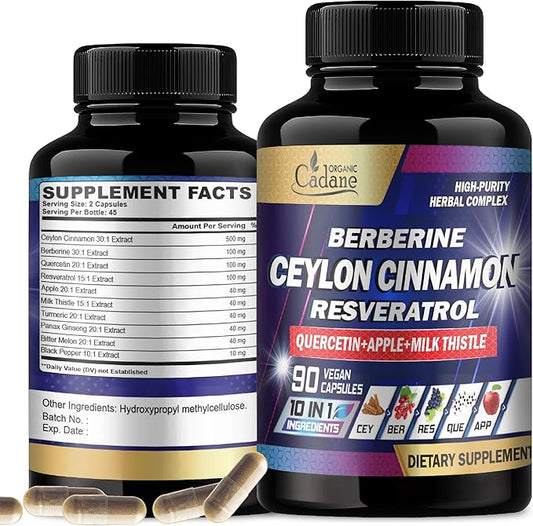 Organic Cadane Ceylon Cinnamon 15000mg Berberine 3000mg Quercetin 2000mg Supplement 10in1 with 90 Veggie