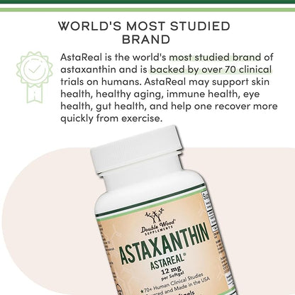 Astaxanthin 12mg Max Strength (Only Patented Astaxanthin (Astrareal) with 70+ Human Clinical Trials - World's Most Studied Brand) Grown, Harvested, and Made in The USA (Astaxantina) by Double Wood
