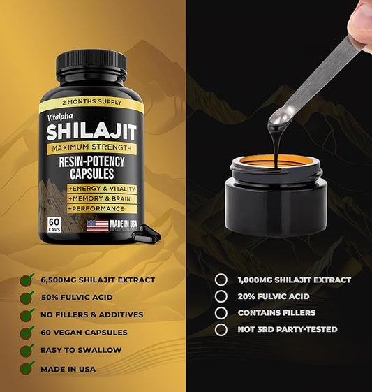Natural Shilajit Resin-Potency Capsules (50% Fulvic Acid) 85+ Trace 60 Shilajit