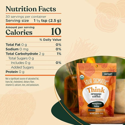 Four Sigmatic Organic Mushroom Coffee | Instant Mushroom Coffee Mix with Lion's Mane, Chaga and Rhodiola for Better Focus and Immune Support | 30 Serving Bag