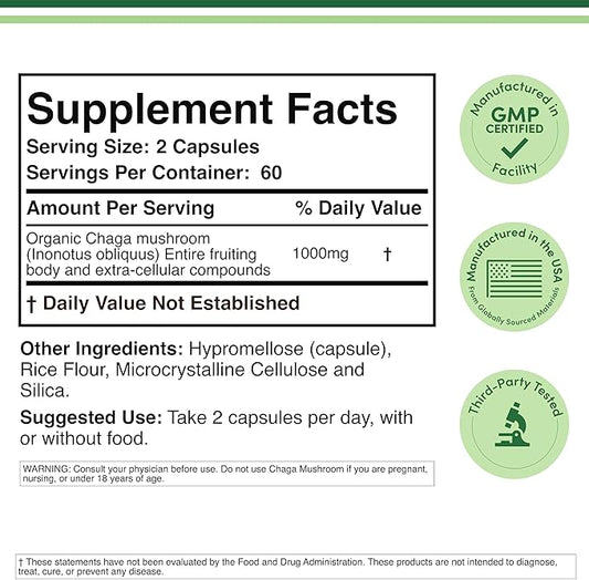 Chaga Mushrooms Capsules 120 Count (1,000mg Chaga Mushrooms Powder per Serving) High in Polysaccharides, Beta Glucans, and Terpenoids - Grown and Made in The USA, Vegan Safe, Organic by Double Wood