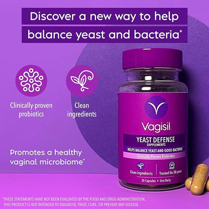 Vagisil Yeast Defense Supplements, Helps Balance Yeast and Good Bacteria, Clinically-Proven Probiotics, Clean Ingredients, Promotes A Healthy Vaginal Microbiome, Just 1 Capsule Daily, 30 Capsules