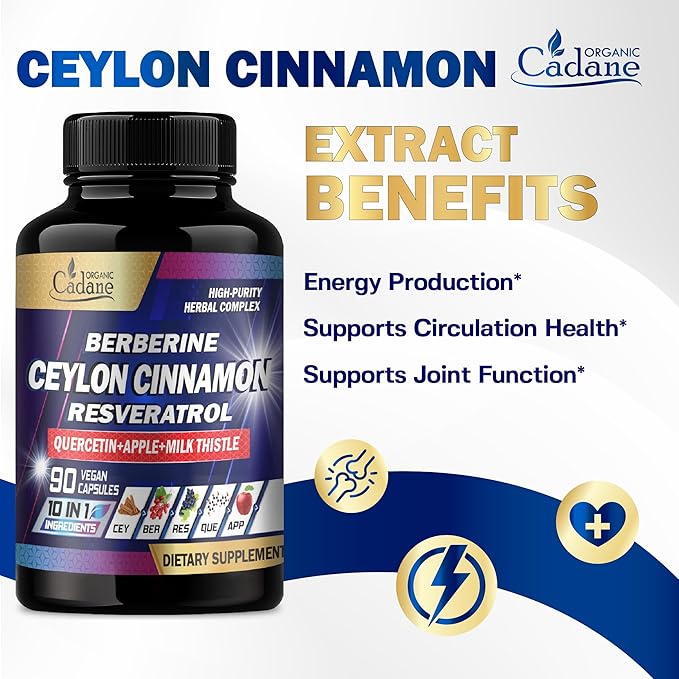 Organic Cadane Ceylon Cinnamon 15000mg Berberine 3000mg Quercetin 2000mg Supplement 10in1 with 90 Veggie