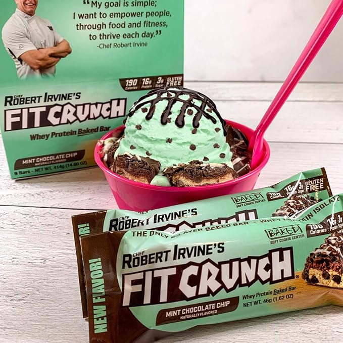 FITCRUNCH Snack Size Protein Bars, 6-Layer Baked Bar, 3g of Sugar, Gluten Free & Soft Cake Core (9 Bars, Mint Chocolate Chip)