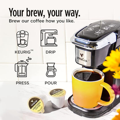 VitaCup Lightning Coffee Pods, for Focus w/ 2X Caffeine, Green Coffee Bean, B Vitamins, D3, Strong Dark Roast Coffee, Single Serve Pod Compatible with Keurig K-Cup Brewers, 64 Ct (4 packs of 16 ct)