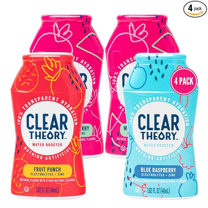 Clear Theory Water Flavoring Drops, Electrolytes Drink Mix, Water Enhancer Liquid, Flavored Hydration for Kids, Vegan, Gluten Free, Low Calories, Stevia, Variety Pack, 4 Pack, 1.62 Fl Oz Bottles