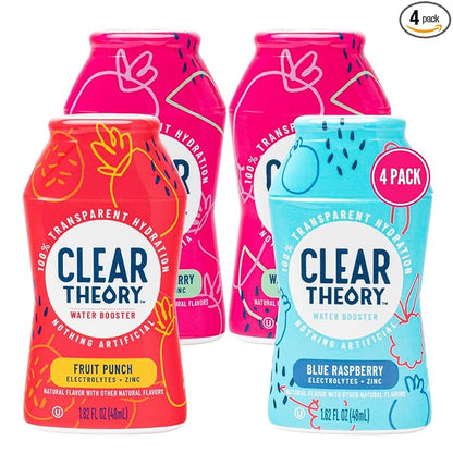Clear Theory Water Flavoring Drops, Electrolytes Drink Mix, Water Enhancer Liquid, Flavored Hydration for Kids, Vegan, Gluten Free, Low Calories, Stevia, Variety Pack, 4 Pack, 1.62 Fl Oz Bottles