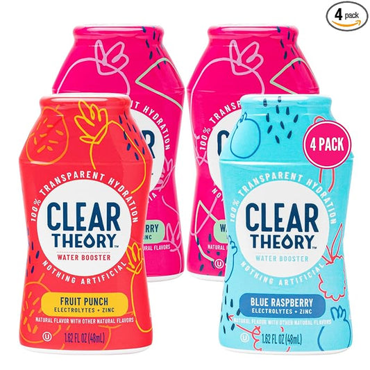 Clear Theory Water Flavoring Drops, Electrolytes Drink Mix, Water Enhancer Liquid, Flavored Hydration for Kids, Vegan, Gluten Free, Low Calories, Stevia, Variety Pack, 4 Pack, 1.62 Fl Oz Bottles