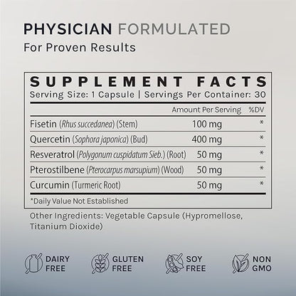 Senolytic Supplement for Cellular Aging, Fisetin, Quercetin, Pterostilbene, Resveratrol & Curcumin, Promotes Healthy Aging, 30 Capsules (1 Month Supply)