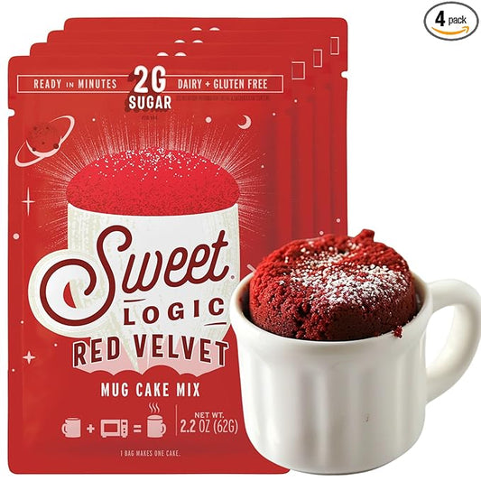 Sweet Logic Keto Mug Cake Mix - Red Velvet - Just Add Water - Vegan - Low Sugar - Gluten-Free - High Protein - Low Carb - Dairy Free - Diabetic-Friendly Sweets - Natural Ingredients (4 Pack)