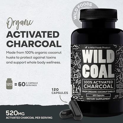 Wild Foods Activated Charcoal Capsules | 100% Organic Coconut Shells Active Tablets for Bloating & Hangover | Lab Tested & Non-GMO Detox Pills | Made in USA (120 Capsules)