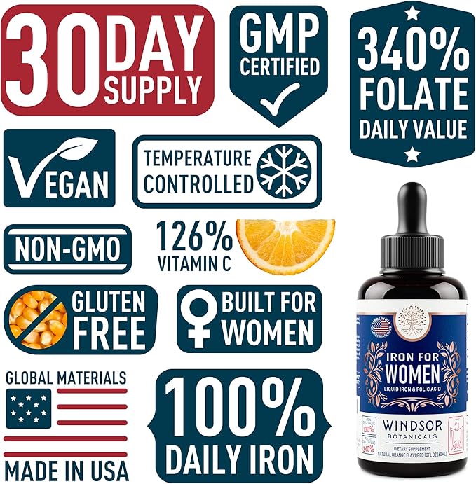 WINDSOR BOTANICALS Liquid Iron Supplements for Anemia 2 oz