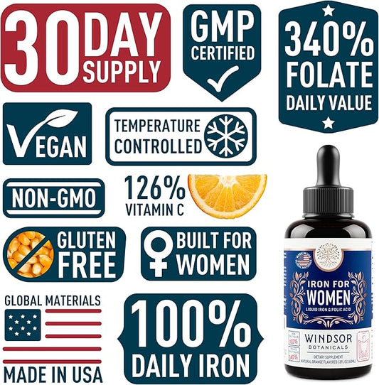 WINDSOR BOTANICALS Liquid Iron Supplements for Anemia 2 oz