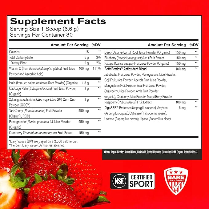 BARE PERFORMANCE NUTRITION, BPN Strong Reds Superfood Powder, Digestive Enzymes, Antioxidants, Improved Natural Energy, 30 Servings, Strawberry