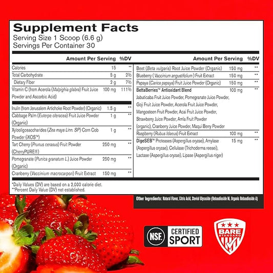 BARE PERFORMANCE NUTRITION, BPN Strong Reds Superfood Powder, Digestive Enzymes, Antioxidants, Improved Natural Energy, 30 Servings, Strawberry