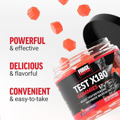 Force Factor Test X180 Gummies Testosterone Booster for Men with Tongkat Ali, Horny Goat Weed, Tribulus Terrestris, Fenugreek, Black Maca, Testosterone Supplement for Men, Berry Punch, 120 Gummies