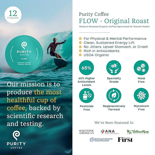 Purity Coffee FLOW Medium Roast Organic Coffee - USDA Certified Organic Specialty Grade Arabica Single-Serve Coffee Pods - Third Party Tested for Mold, Mycotoxins and Pesticides - 12 ct Box