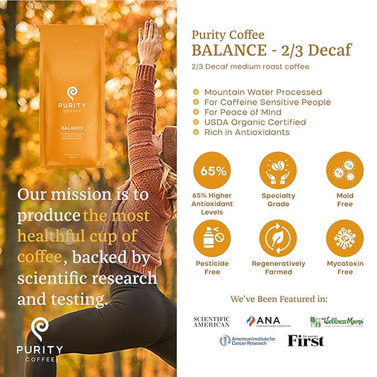 Purity Coffee BALANCE ⅔ Decaf Medium Roast Whole Bean Coffee (5lb Bag) - Specialty-Grade Mountain Water Processed Decaf + Regular Arabica Blend- USDA Certified Organic Decaffeinated - Third Party Tested for Mold, Mycotoxins, Pesticide Residue