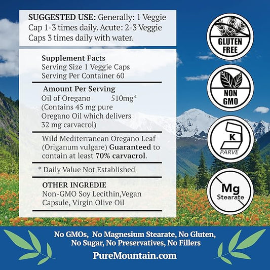 Pure Mountain Botanicals Wild Oregano Oil Capsules 60 Vegan 510mg Mediterranean