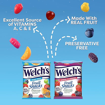 Welch's Fruit Snacks, Mixed Fruit & Berries 'N Cherries Variety Pack, Great for School Lunches, Bulk Pack, Individual Single Serve Bags, 0.8 oz (Pack of 60)