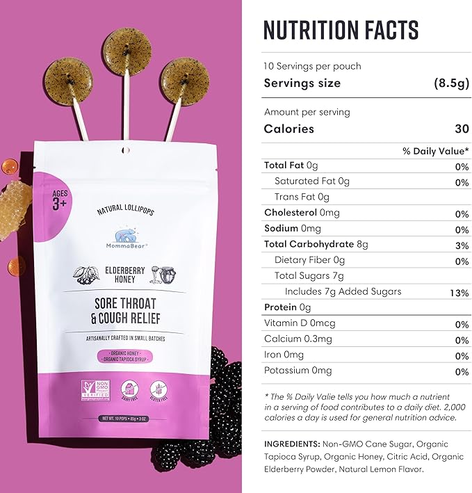 MommaBear Organics Handcrafted Kids Cough Lollipops – Natural Sore Throat Relief & Cough Drop Suckers for Kids 3+ – Elderberry Bits, Honey & Organic Flavors – Tightly Sealed for Freshness - 10 Count
