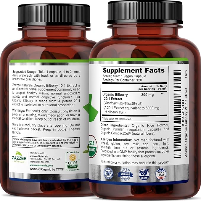 Zazzee USDA Organic Bilberry 20:1 Extract, 6000 mg 120 Vegan 4 Month 20X Extract, 100% Vegetarian,