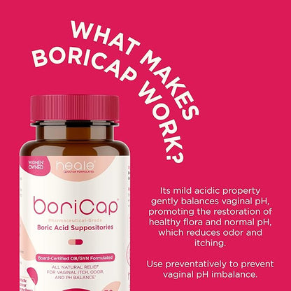 BoriCap - Boric Acid Suppositories for Women - 600 mg - Vaginal Health, pH Balance, Itch & Odor - Natural - Feminine Care - by Heale - 90 Capsules