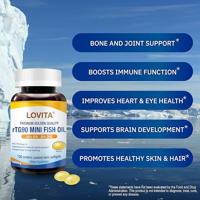 Lovita Omega-3 Fish Oil 2000mg, High Absorption rTG Form with EPA & DHA, 90% Omega-3, Burpless, Easy to Swallow, Supports Heart, Brain & Eye Health, 120 Enteric-Coated Softgels (Pack of 3)