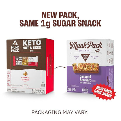 Munk Pack Keto Snack Bars, Caramel Sea Salt - Low Carb Nut Bar with 5g Protein, 1g Sugar with Allulose - Gluten Free & Low Glycemic - 24 Count