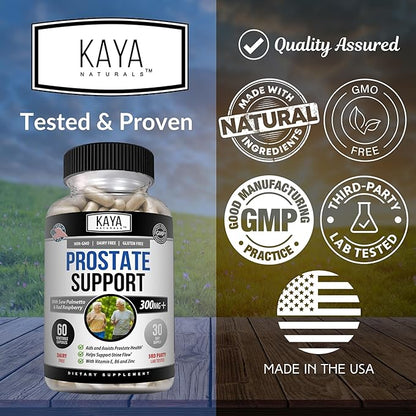 Kaya Naturals Prostate Support | Saw Palmetto, Potent DHT Blocker for Hair Growth, Promote Sleep, Beta Blocker to Reduce Frequent Urination, Support Bladder Emptying & Stamina Supplement (60 Capsules)