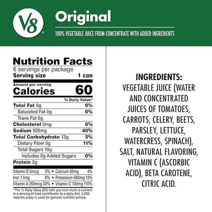 V8 Original 100% Vegetable Juice, 11.5 fl oz Can (6 Pack)