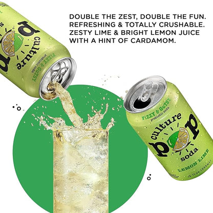 Culture Pop Soda, Lemon Lime, Probiotic Low Sugar Soda, Sparkling Juice Alternative, Non-GMO, Kosher, Gluten-Free, No Stevia (12pk)