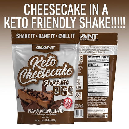 Giant Sports Keto Cheesecake Shake Mix - Delicious Low Carb, Ketogenic Diet Gluten Free Powder Mix - Works Great with Almond Milk - Chocolate (20 Serving Bag)