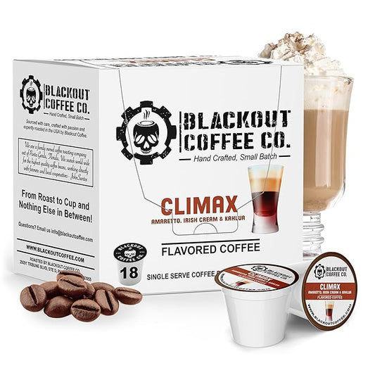 Blackout Coffee Climax Amaretto, Irish Cream & Kahlua Flavored Pods - Freshly Roasted in the USA - K-Cup Compatible Single-Serve Pods (18 Count)